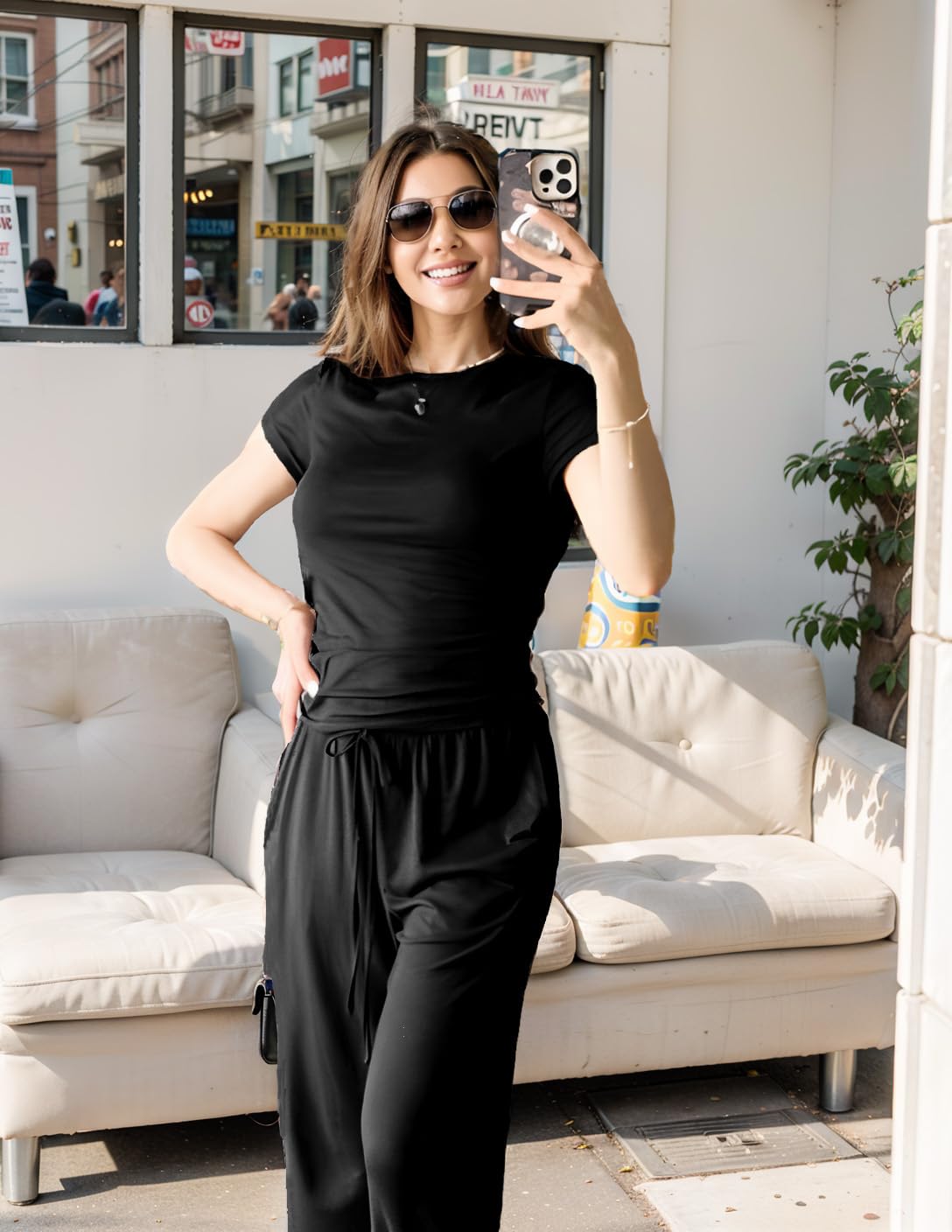 LICOBOD Women's 2-Piece Lounge Set - Comfy Vacation Travel Biker Outfit with Shorts, Casual Workout Tracksuit for Streetwear | Perfect for Yoga, Gym, Travel & Relaxing at Home