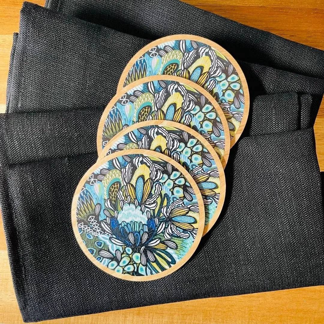 Premium Australian Wooden Coaster Set with Napkins - Handmade Proteas Design for Home, Office & Party Use