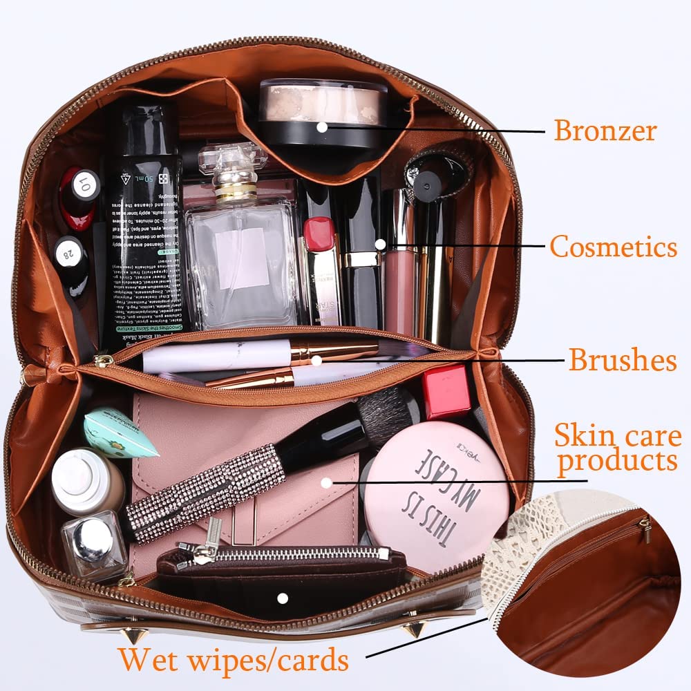 Large Capacity Travel Cosmetic Bag for Women - Waterproof PU Leather Makeup Organizer with Handle & Divider, Flat Big Skincare Storage Case (F-Brown) | Perfect for Air Travel, Gym, Daily Essentials & Beauty Products Organization