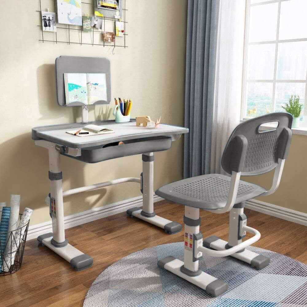 LVYUAN Adjustable Kids Study Desk and Chair Set with LED Lamp, Bookstand, Storage Drawer & Metal Hook - Ergonomic Children's Learning Table for Boys & Girls (Gray) - Perfect for Homeschooling, Online Classes & Homework Station