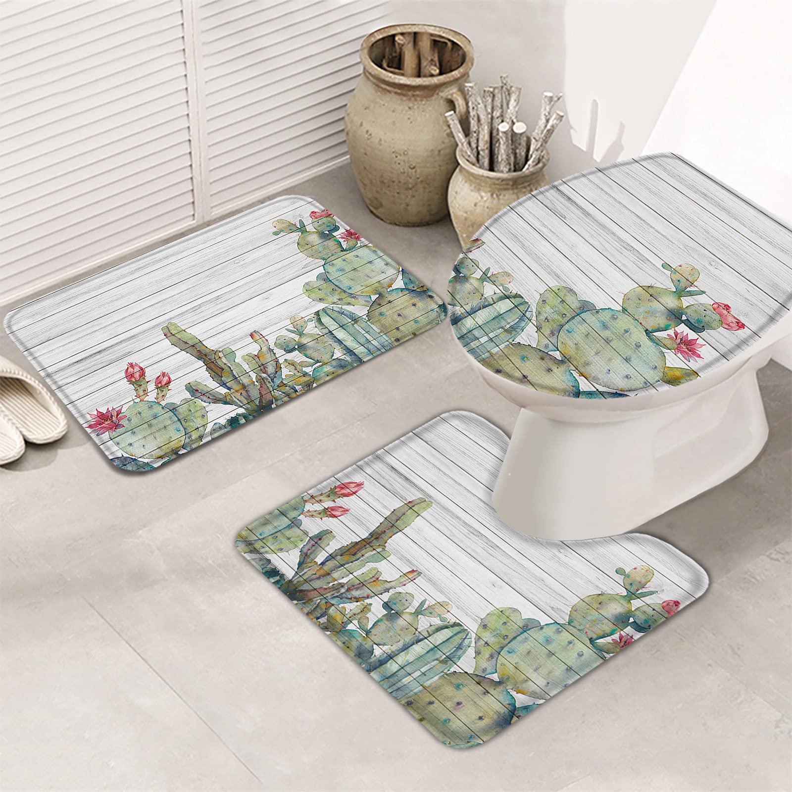 3-Piece Non-Slip Bathroom Rug Set with Cactus & Flower Design - Soft Memory Foam Contour Mat, Toilet Seat Cover - Grey Wood Pattern for Bathroom Safety & Comfort (Perfect for Modern Homes, Guest Bathrooms & Spa-Style Decor)