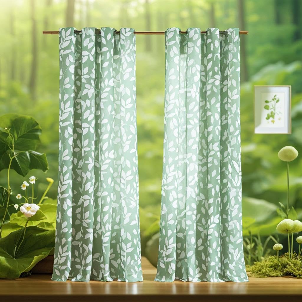 Treatmentex Leaf Print Semi-Sheer Curtains - 95 Inch Long White & Green Window Drapes with Grommet Top (1 Pair) | Elegant Living Room & Bedroom Window Treatments for Natural Light Filtering & Privacy