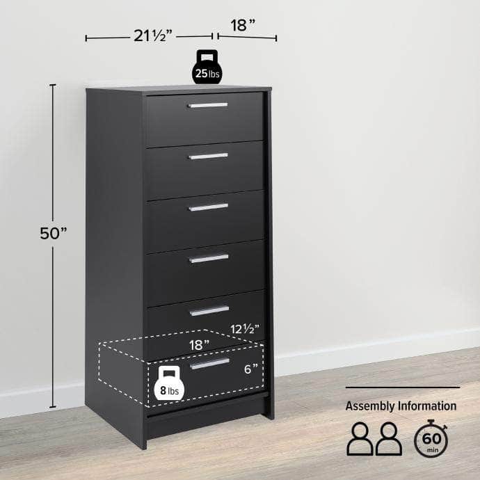 Studio Essentials 6-Drawer Tall Chest Dresser - 2 Color Options for Bedroom & Office Storage Organization