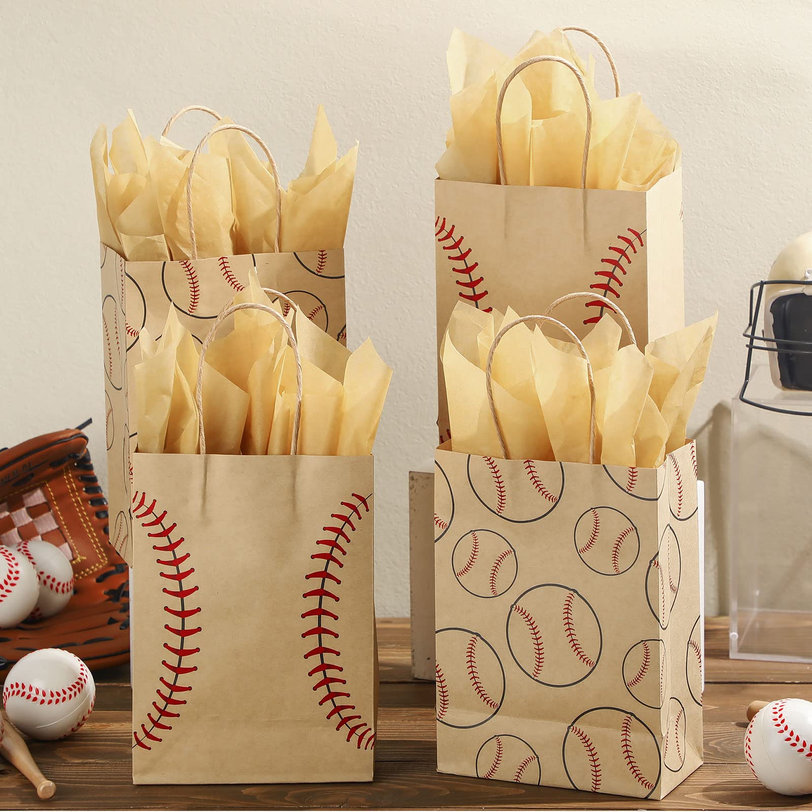 16-Piece Baseball Gift Bags Set with Tissue Paper - Brown Football Party Favors with Handles for Team Treats, Wrapping & Goodies | Perfect for Baseball Games, Team Celebrations & Sports Themed Parties