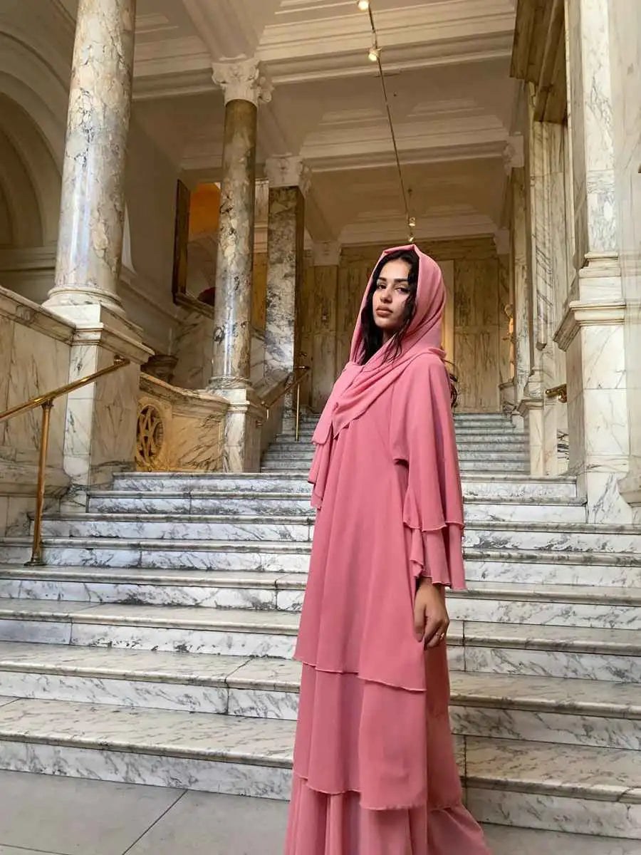 3 Layer Chiffon Muslim Mother Daughter Matching Abaya Dress with Hijab Scarf - Elegant Islamic Clothing for Women & Girls, Perfect for Eid, Prayer, Wedding & Special Occasions