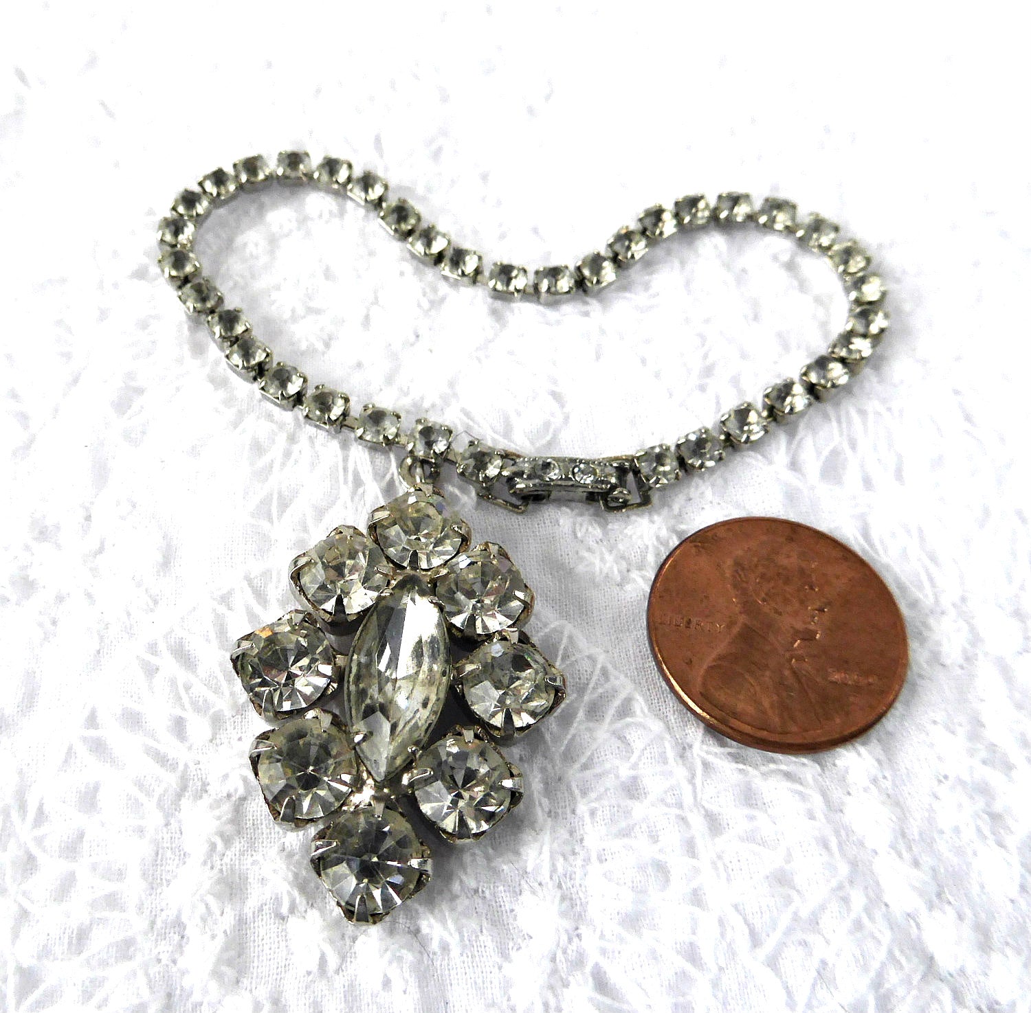 Vintage 1950s Rhinestone Bracelet - Hand Prong Set with Chain & Pendant | Elegant Jewelry for Parties, Weddings & Special Occasions