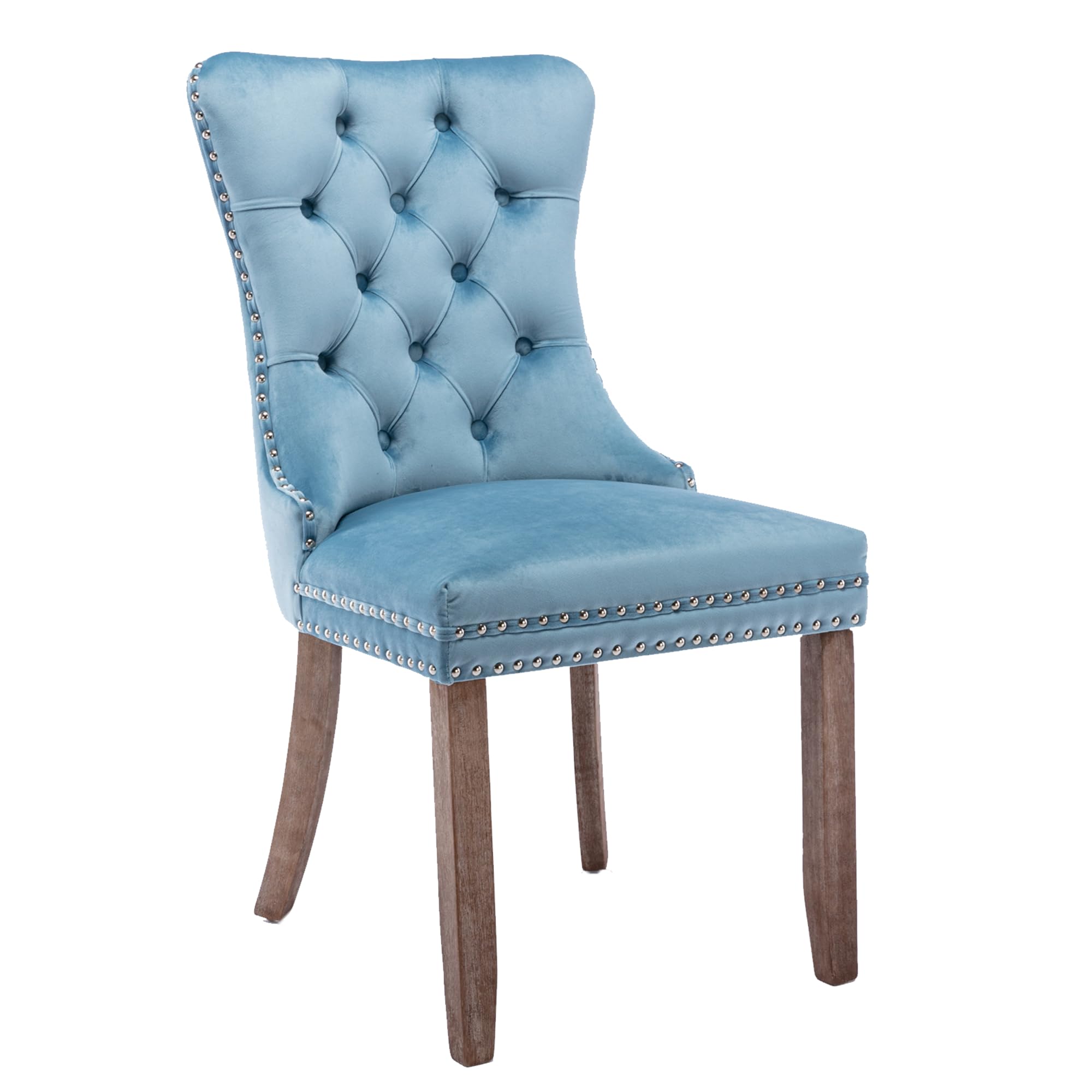 Rhomtree Set of 2 Velvet Dining Chairs - Luxury Tufted Back with Nailhead Trim, Solid Rubber Wood Legs (Light Blue) - Perfect for Kitchen, Dining Room & Home Decor