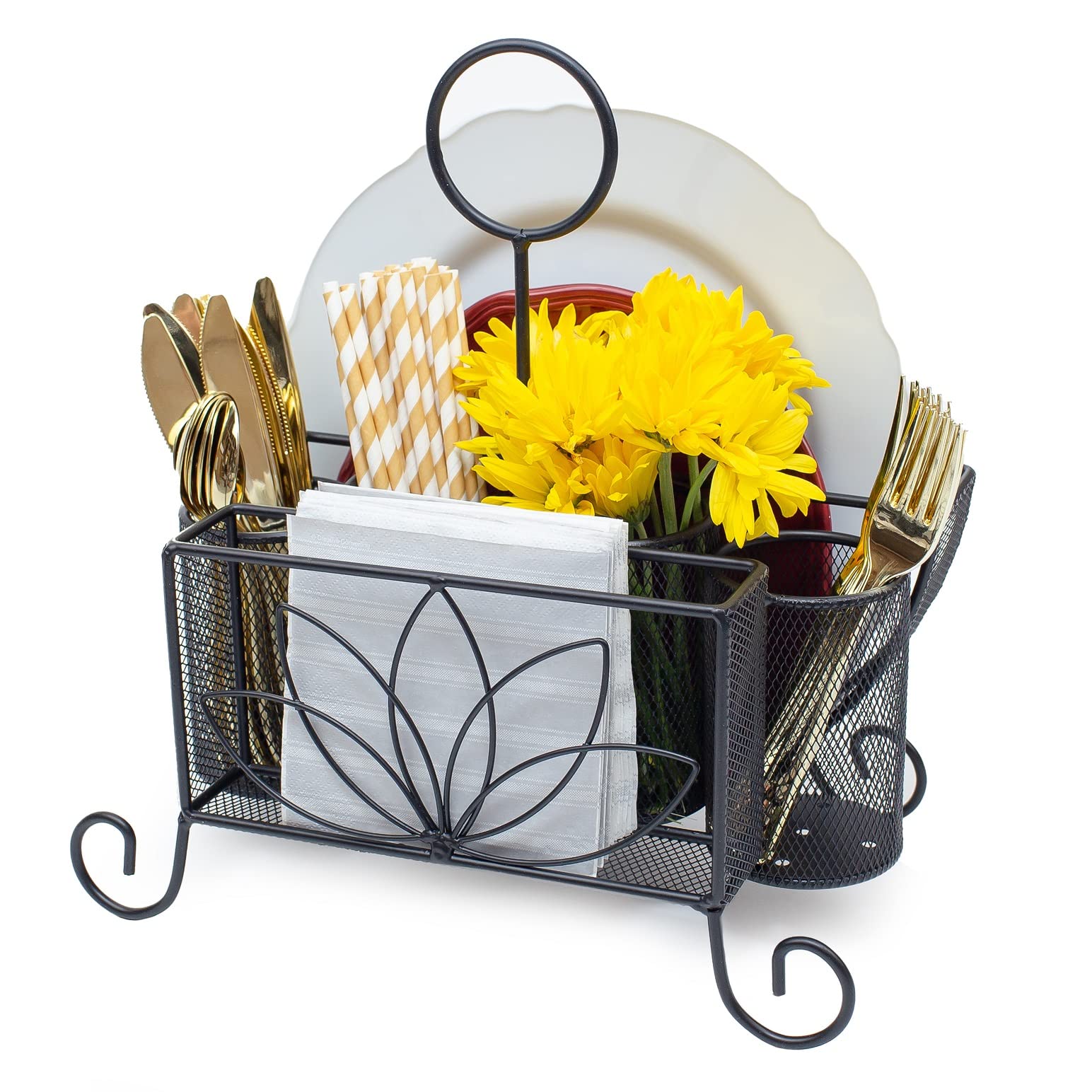 Kauma Utensil Caddy Silverware Holder - Stainless Steel Cutlery Organizer for Forks, Knives, Spoons, Plates & Napkins - Perfect for RV Travel, Camping, BBQ, Beach Picnics & Outdoor Dining (Florence v1)