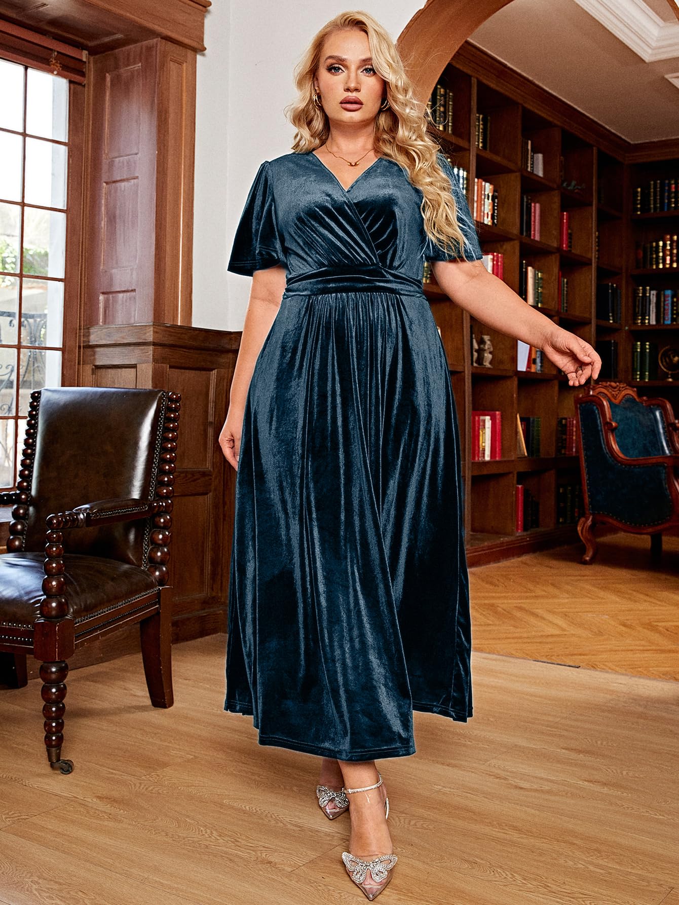 BerryGo Women's Plus Size Velvet Formal Dress for Wedding Guest - High Waisted Maternity Maxi Dress with Short Sleeve & V Neck - Elegant Slit Design for Special Occasions, Parties, and Evening Events