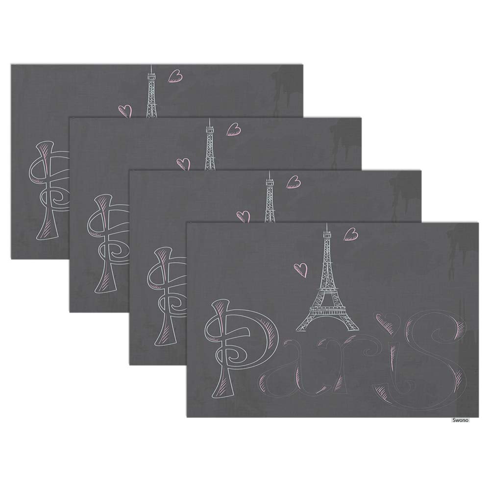 Swono Eiffel Tower Placemat Set of 4 - Hand-Painted Parisian Blackboard Design, Oilproof 12x18 Inch Table Mats for Dining & Kitchen Decor | Perfect for French-Themed Dinner Parties & Home Décor