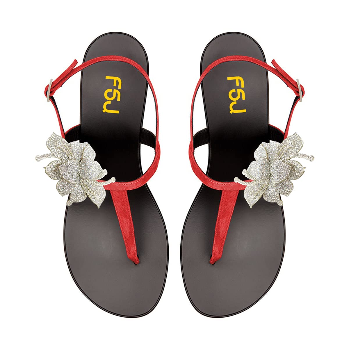 FSJ Women's Rhinestone Flower T-Strap Sandals - Adjustable Buckle Mid Heel Slingback Open Toe Shoes for Summer Beach Wedding Party Size 4-15 US | Comfortable & Stylish Casual & Dressy Footwear