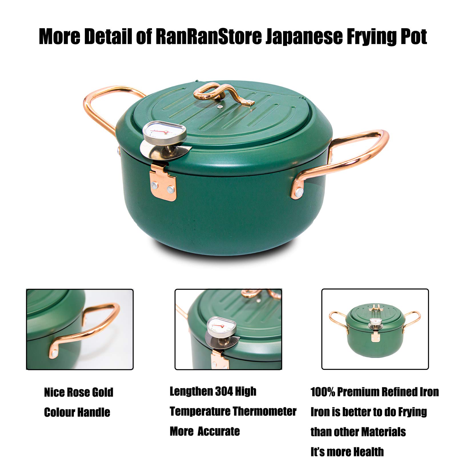 Japanese Tempura Deep Fryer Pot with Fahrenheit Thermometer - 2.3L Nonstick Carbon Steel Oil Fryer for Tempura, Chicken, Fish & Shrimp - Easy to Clean Green Frying Pan (8.2 Inch) - Perfect for Home Cooking, Restaurant Use & Party Snacks