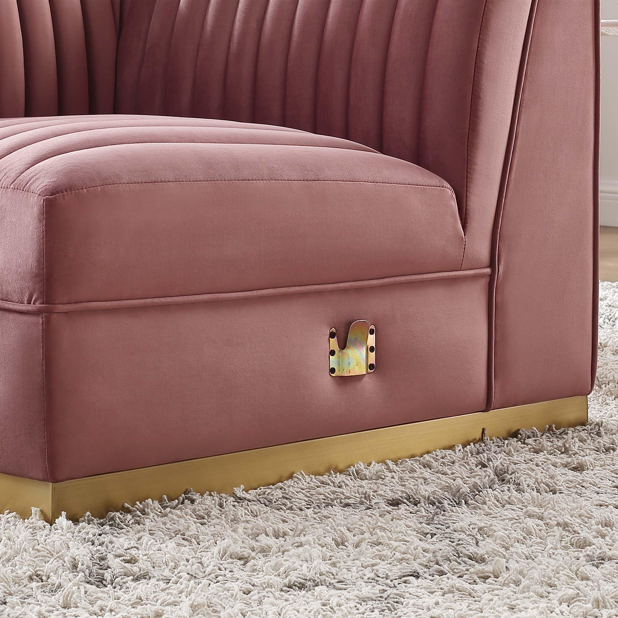 Modway Sanguine Channel Tufted Performance Velvet Modular Sectional Sofa with Ottoman - Left Corner Chaise Lounge in Dusty Rose | Modern Living Room Furniture for Small Spaces & Apartments