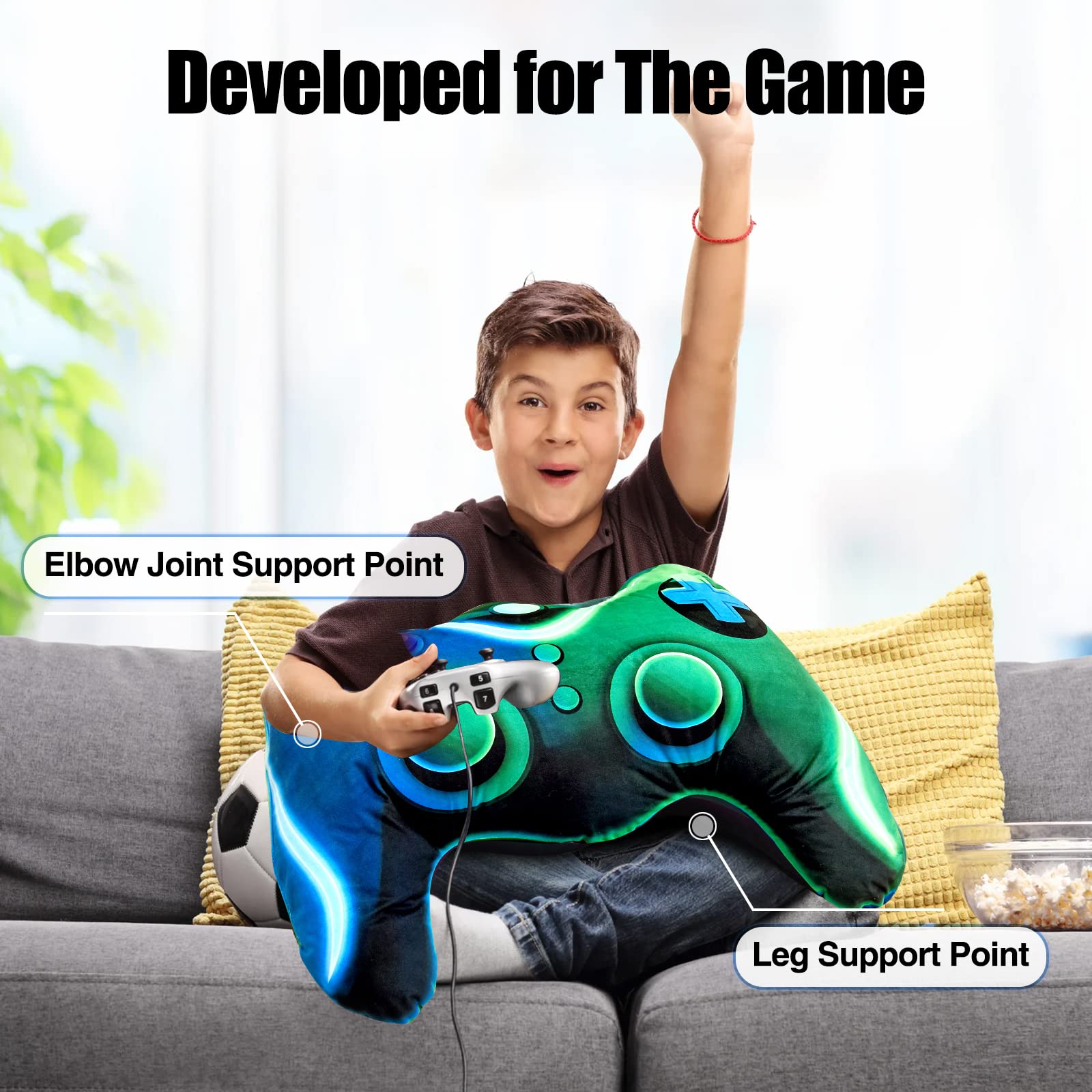 Gaming Plush Throw Pillow - Controller Shaped Cushion for Boys & Girls | Gamer Room Decor, Sofa, Bed, Computer Chair Accessory | Perfect Gift for Teen Gamers (Blue Green, Large) - Ideal for Gaming Rooms, Sleepovers & Esports Themed Parties