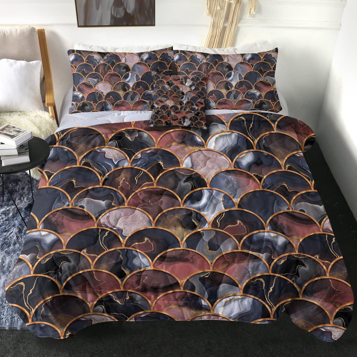Sleepwish Blue Pink Marble Comforter Set - 4 Piece Mermaid Scale Bedding with Pastel Colors for Queen Size Bed | Perfect for Girls' Bedrooms, Teen Rooms & Coastal Themed Decor