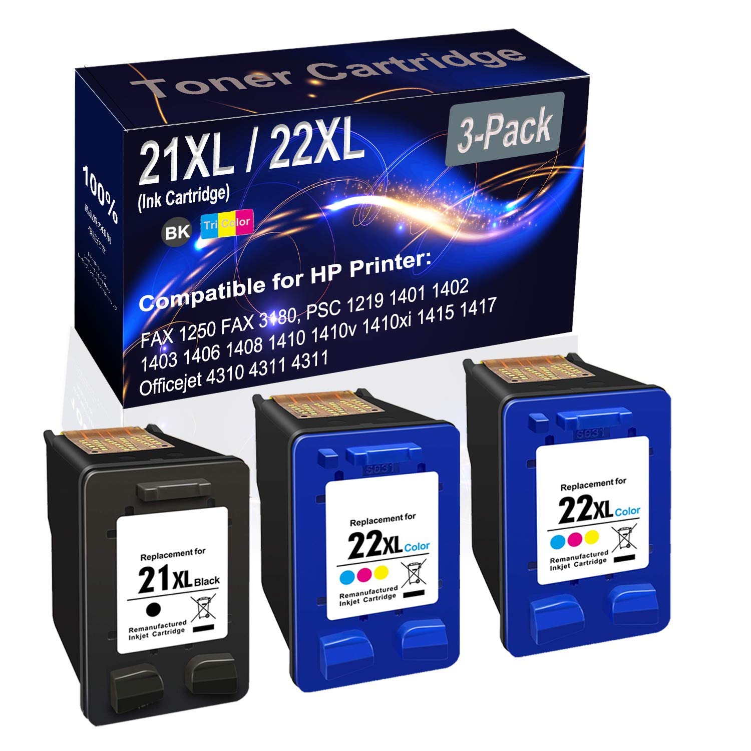 3-Pack (1 Black + 2 Tri-Color) High Yield Remanufactured Ink Cartridge - Compatible with HP 21XL 21 XL 22XL 22 XL - Works with HP DeskJet D1320 D1330 D1341 D1360 D1368 D1400 Printers - Perfect for Home & Office Printing Needs