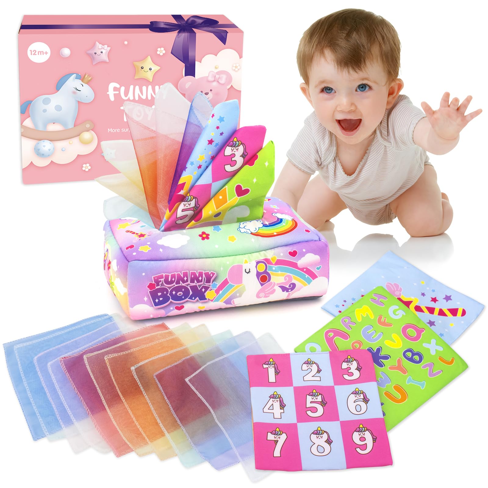 Baby Tissue Box Toy - Soft Crinkle Sensory Learning Toy for 12 Month Old Boys & Girls | Educational Infant Toddler Toys 1 Year+ | Perfect for Playtime, Early Development & Sensory Stimulation