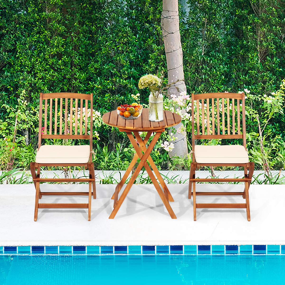 Giantex 3-Piece Patio Bistro Set - Wooden Folding Table with 2 Cushioned Chairs, Outdoor Garden Furniture for Yard, Deck, or Balcony - Natural & Beige Round Table Set for Relaxing, Dining, or Entertaining Guests