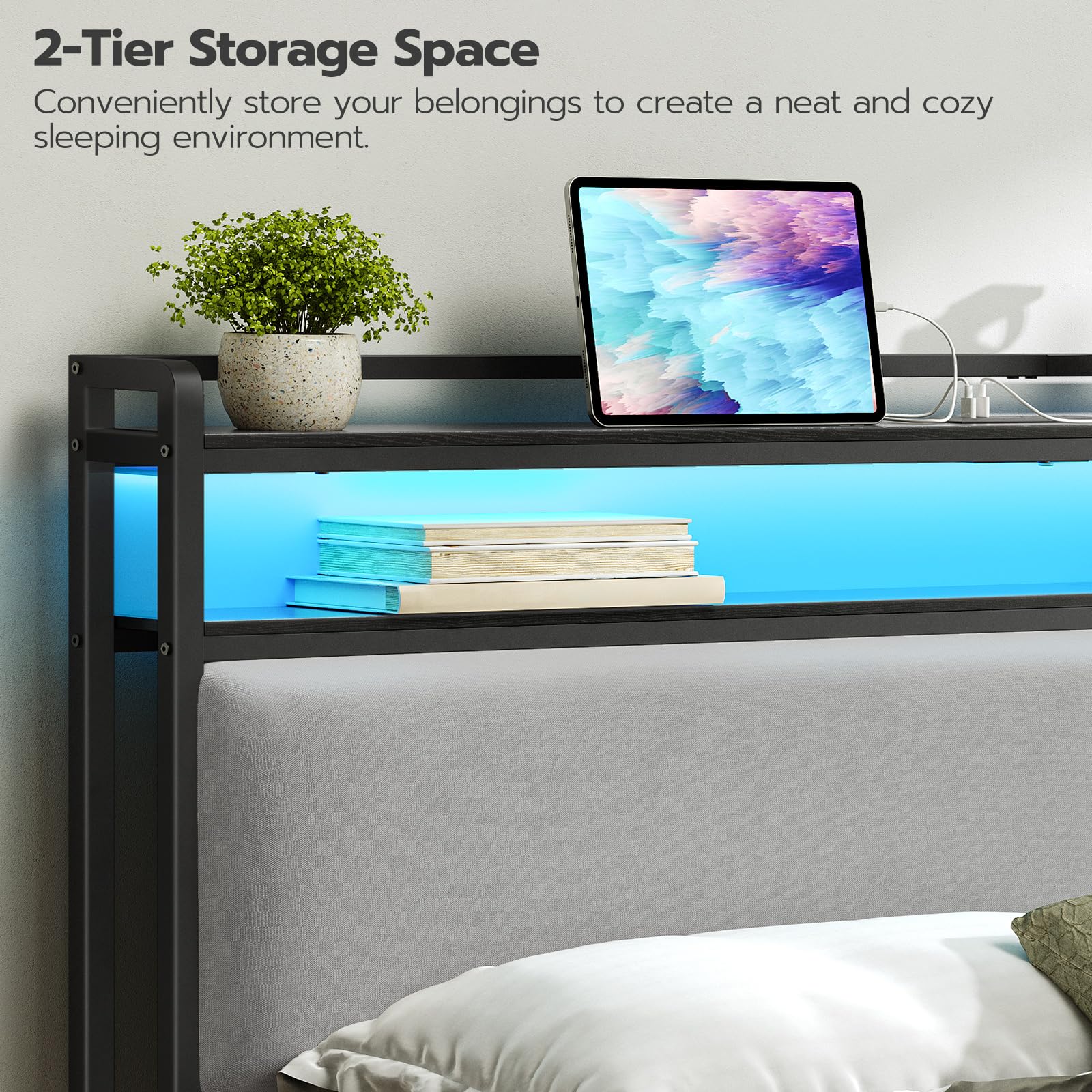 HOOBRO King Size Upholstered Storage Headboard with Charging Station, 2 Outlets & 2 USB Ports, Adjustable LED Lights - Easy Assembly, Black & Gray - Perfect for Bedroom Organization & Modern Home Decor