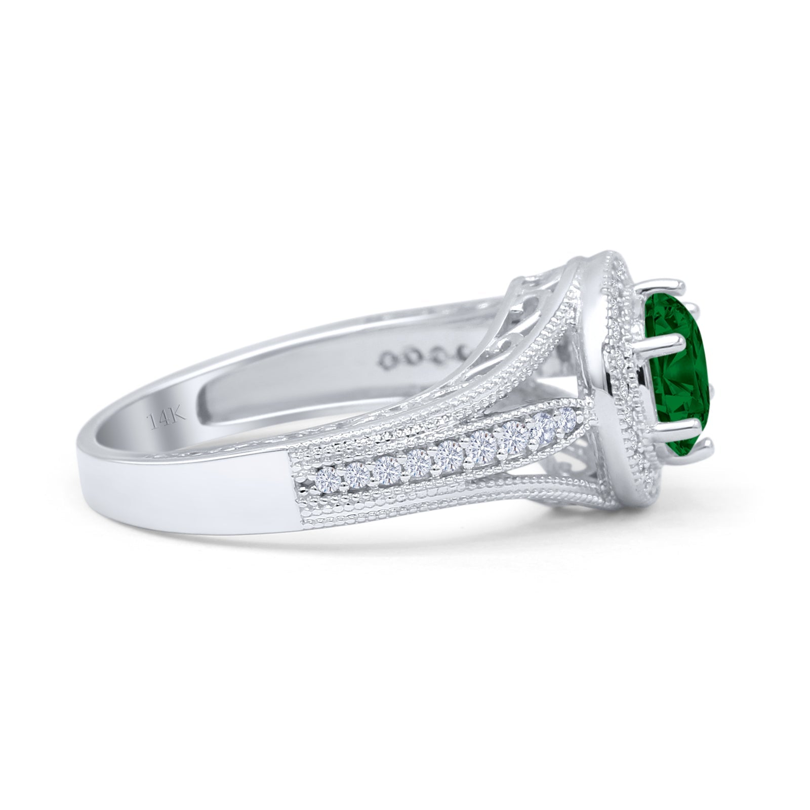 14K White Gold Art Deco Round Halo Split Shank Green Emerald CZ Bridal Ring – Elegant Wedding Band for Engagement, Anniversary & Special Occasions