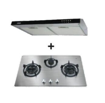 Ellane 60cm/90cm Slimline Range Hood with Black Glass Panel - EH 9160 + Ellane OS 803SV 86cm 3 Burner Gas Cooktop - Modern Kitchen Ventilation System for Home Cooking & Grilling