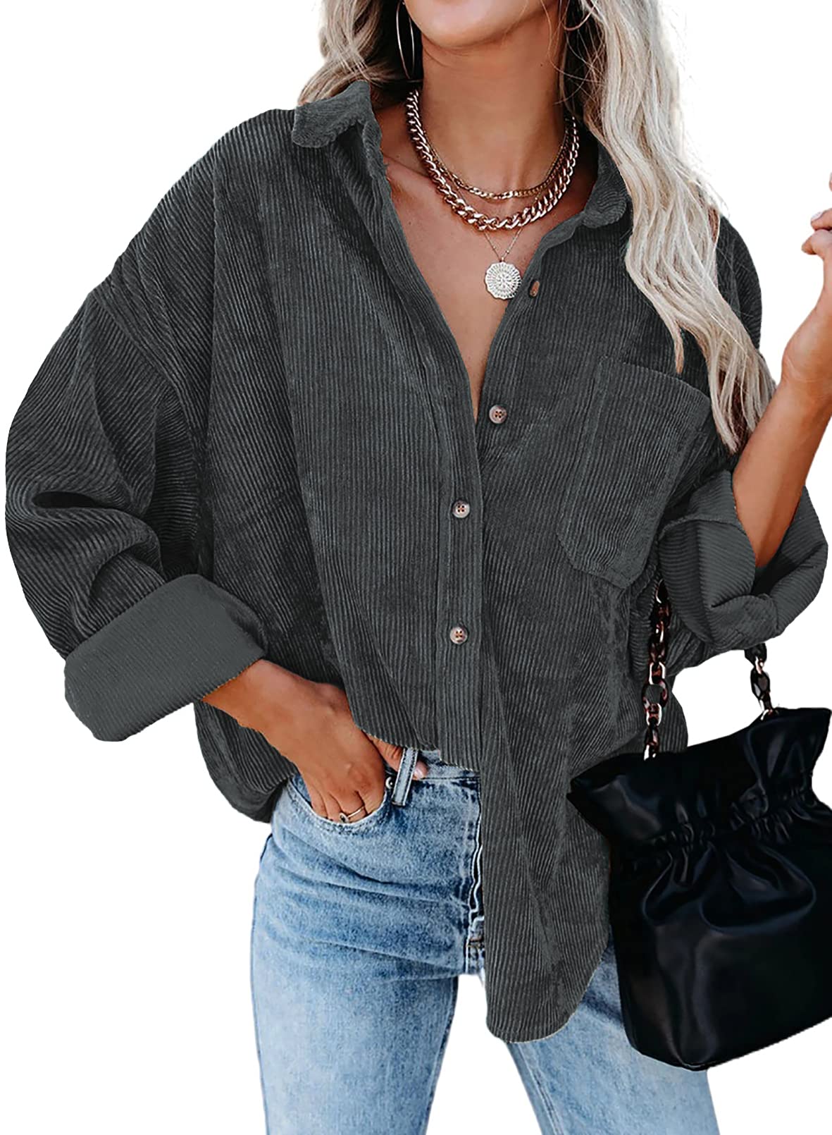 Sidefeel Women's Corduroy Long Sleeve Button Down Shirt - Oversized Jacket Top for Casual Outfits & Layering | Fall Winter Fashion Essential