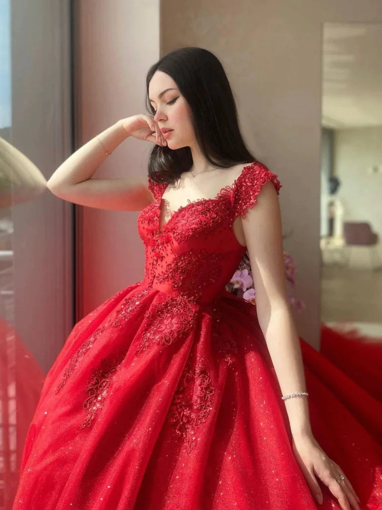 2025 Red Lace Off Shoulder Wedding Dress with Beaded Tulle & Sequin Details - Elegant Long Quinceanera Gown for Brides, Prom, and Special Occasions