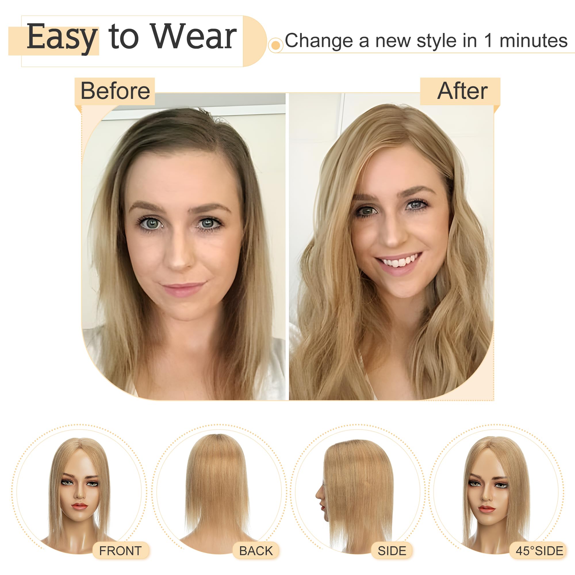 SEGO 100% Real Human Hair Toppers for Women with Thinning Hair - 7x13cm Silk Base Clip-in Top Wiglet, 16 Inch No Bangs Dark Blonde - Perfect for Daily Wear, Parties & Special Occasions