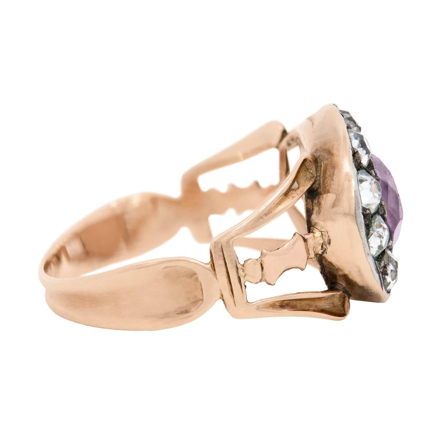 12k Gold Georgian Style Pink Amethyst and White Paste Halo Ring - Vintage Inspired Jewelry for Weddings, Anniversaries & Special Occasions