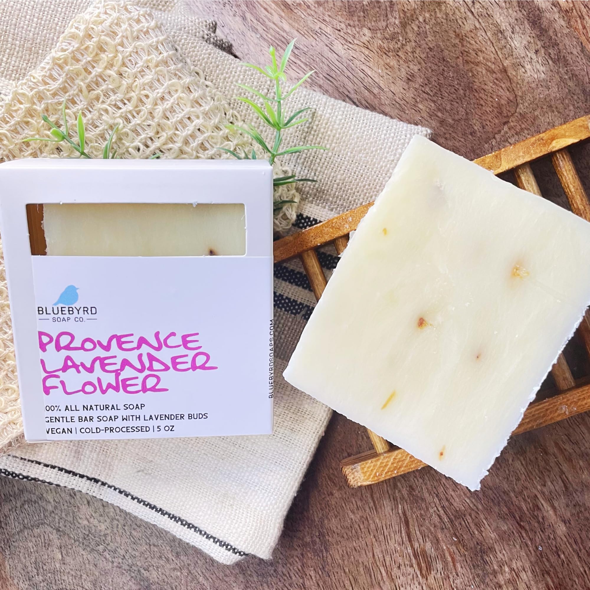 Bluebyrd Provence French Lavender Soap Bar - 100% Natural Essential Oil with Exfoliating Lavender Buds | Vegan Moisturizing Body Wash for Dry Skin | Handmade in USA | Perfect for Relaxing Baths & Spa Gifts