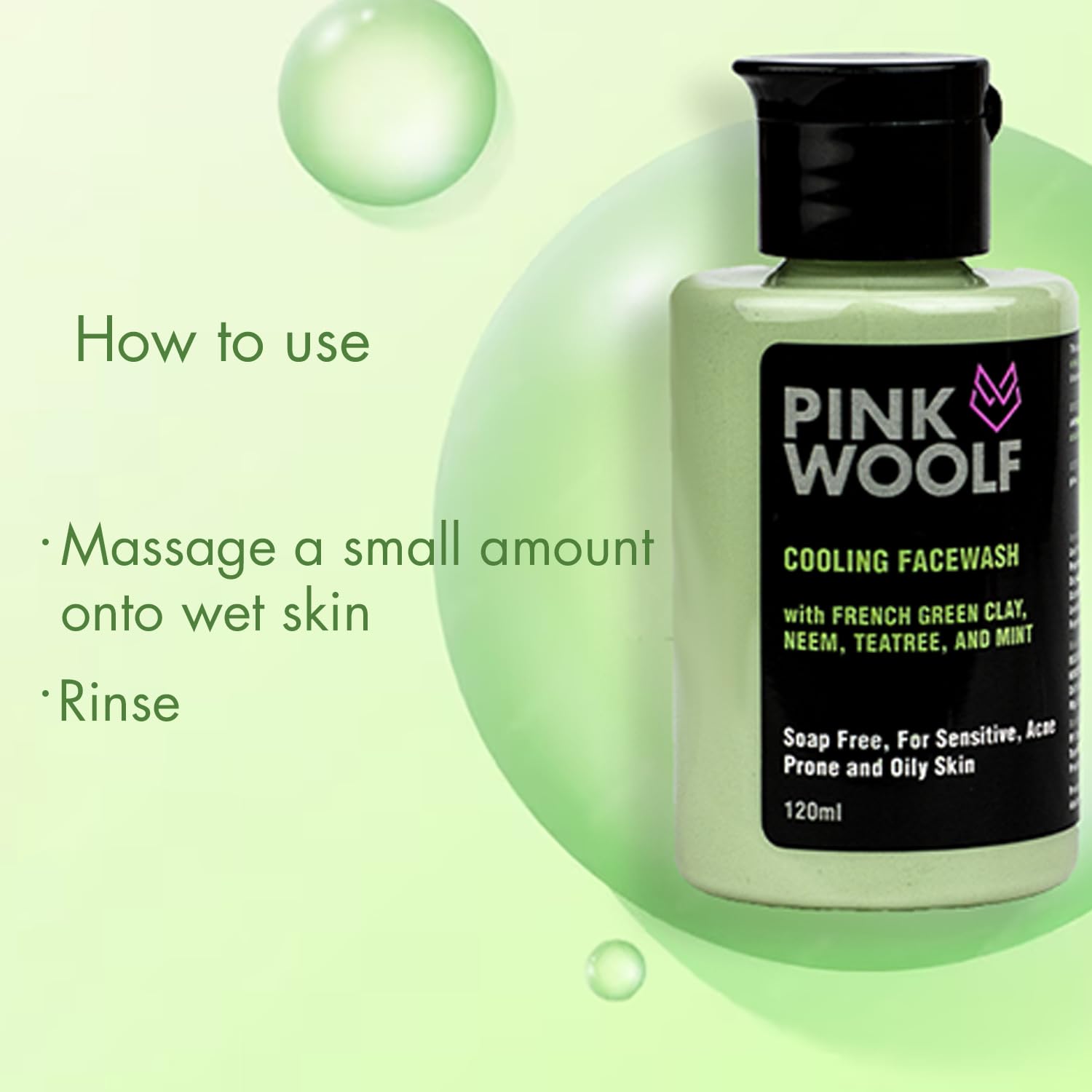 Pink Woolf Cooling Face Wash with French Green Clay, Neem, Tea Tree & Mint - Oil-Free & Soothing Cleanser for Sensitive, Acne-Prone & Oily Skin - 120ml (Pack of 1) | Perfect for Daily Skincare Routine & Post-Workout Refreshment
