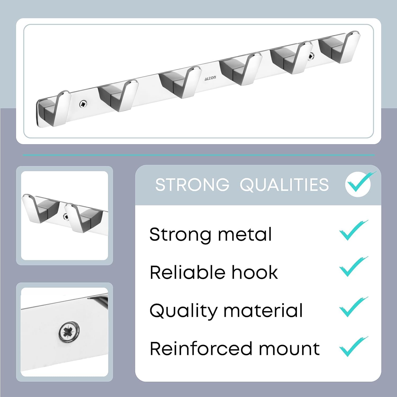 ALTON ALD970 Stainless Steel Wall Hooks - 6-Pin Hanging Hooks for Towels, Clothes & Accessories - Durable Door & Wall Mount Hooks for Bathroom, Kitchen, Bedroom - Silver (Pack of 2)