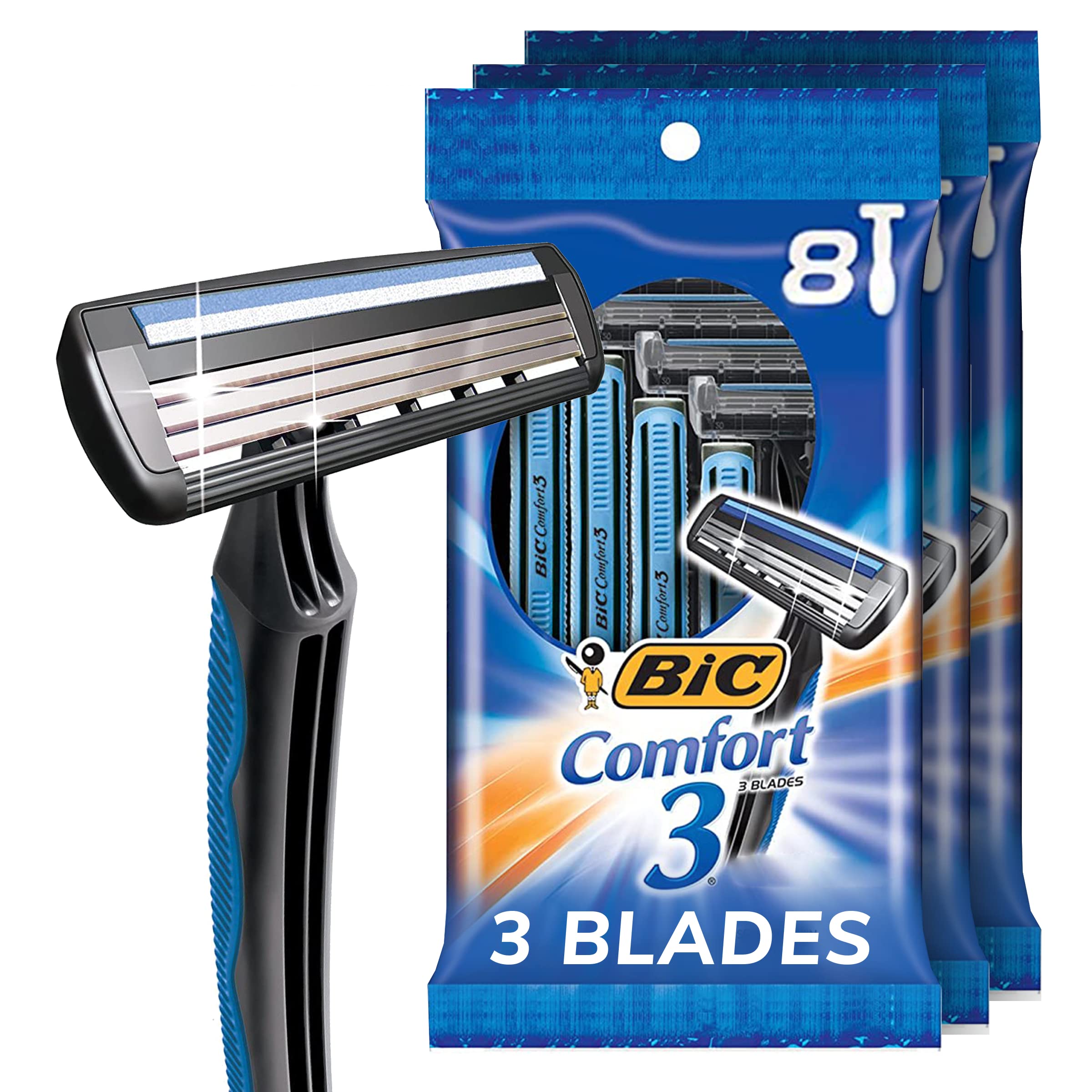 BIC Comfort 3 Disposable Razors for Men - 24 Count, Long-Lasting 3-Blade Shaving Razors for Smooth & Comfortable Shave - Ideal for Travel, Gym & Daily Grooming Routine