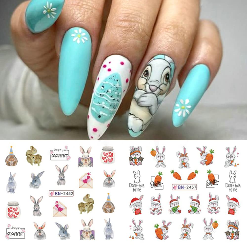 Easter Bunny Nail Art Stickers - Cute Cartoon Rabbit & Carrot Water Transfer Nail Decals - Floral Design Acrylic Nail Supplies for Women & Girls - 12 Sheets - Perfect for Spring Manicures, Easter Parties & Holiday Nail Decorations