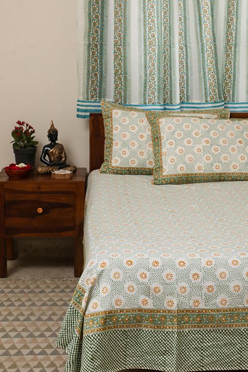 Sparkling Yellow Handblock Printed Cotton Bedsheet - Premium Soft & Breathable Queen Size Bed Sheet Set for Home Decor | Perfect for Bedroom, Guest Room & Dormitory