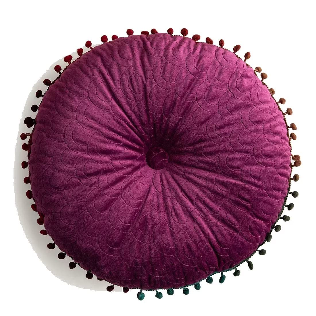 Velvet Seat Cushion with Pom Poms - Soft Round Chair Pad for Dining & Office (16