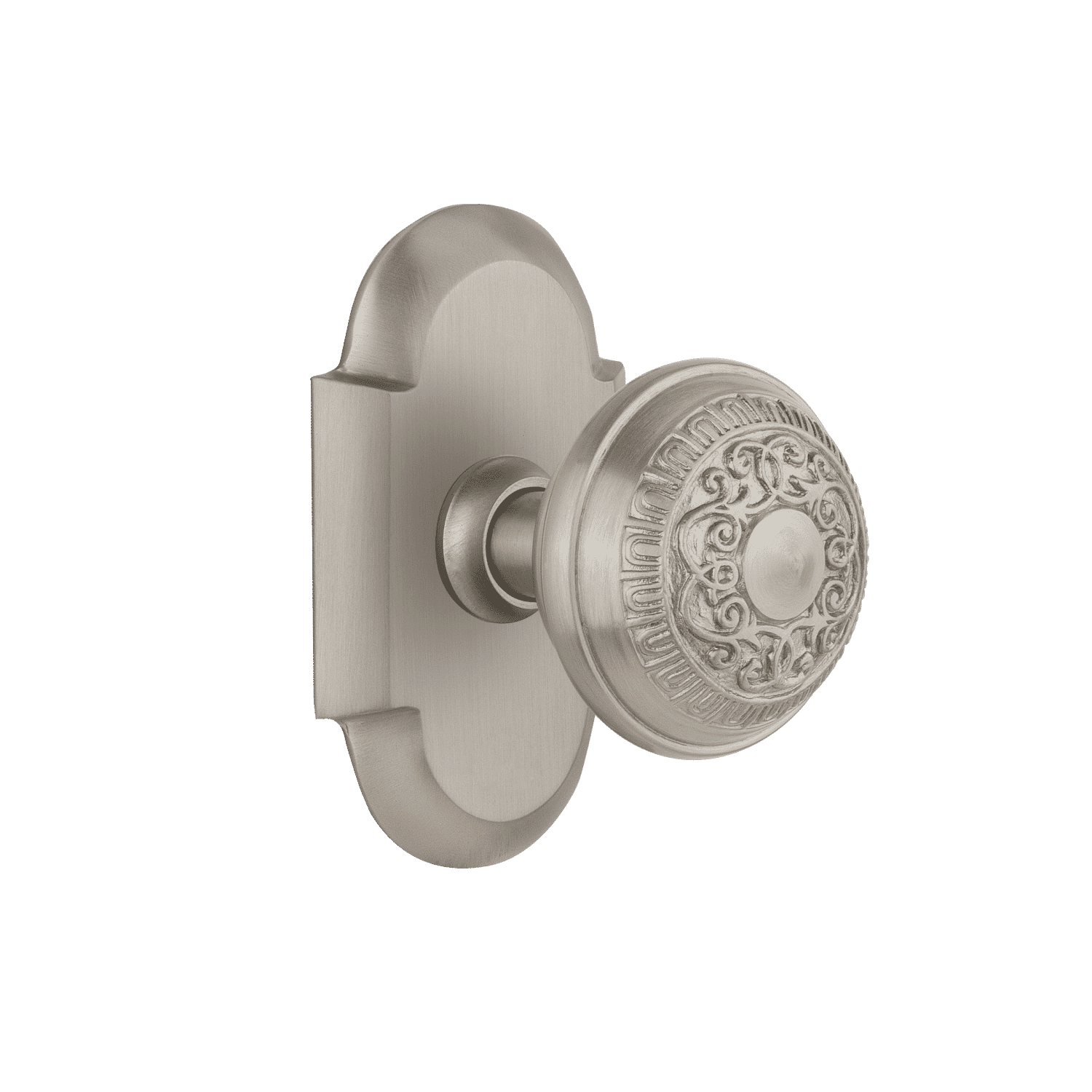 Vintage Cottage Short Plate with Egg & Dart Knob in Satin Nickel - Classic Cabinet Hardware for Kitchen & Bathroom Remodeling