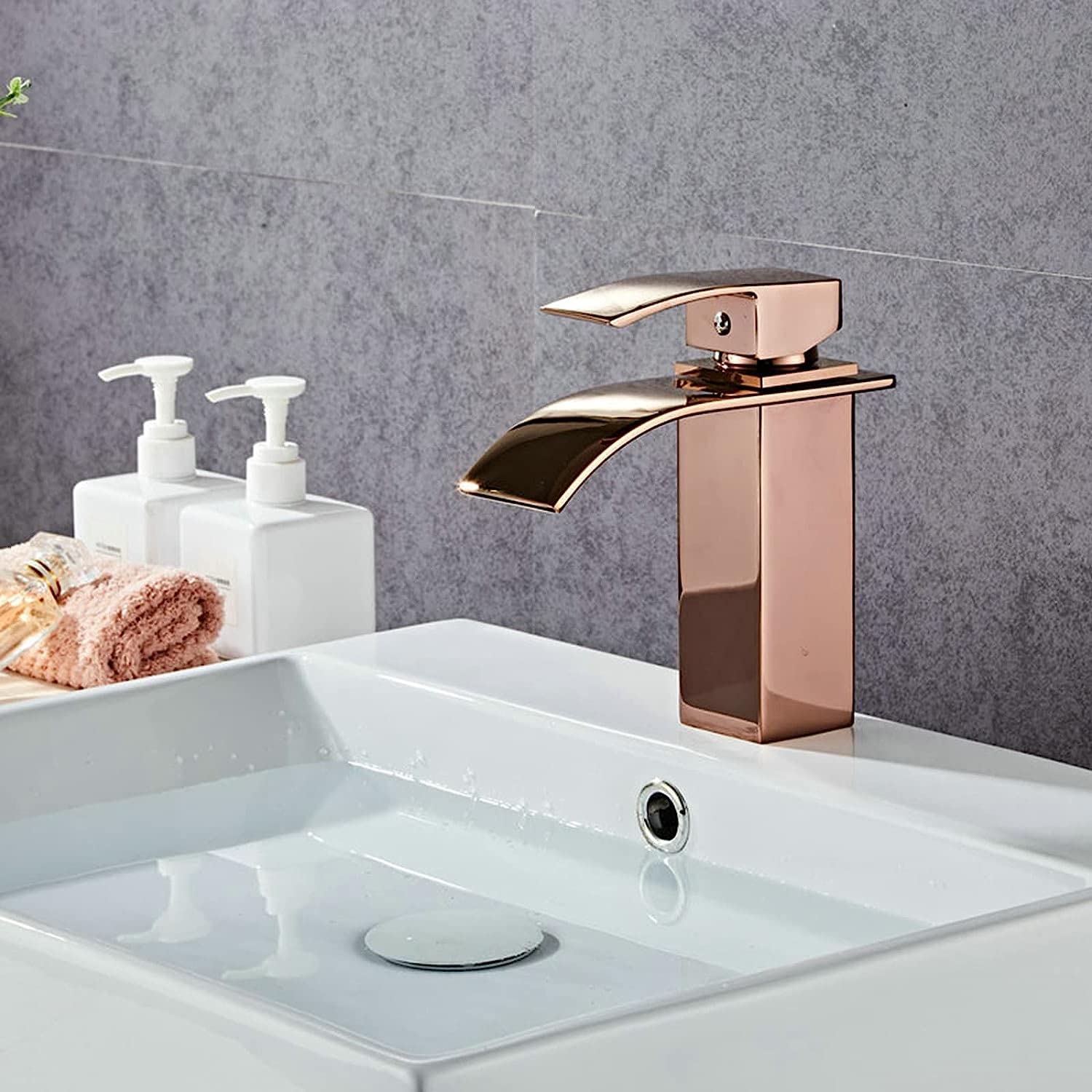 DEKIKA Single Hole Bathroom Sink Faucet - Wide Mouth Waterfall Basin Faucet with Single Handle Hot and Cold Water Mixer - Brass Washbasin Faucet in Rose Gold - Perfect for Modern Vanities, Powder Rooms, and Luxury Bathrooms
