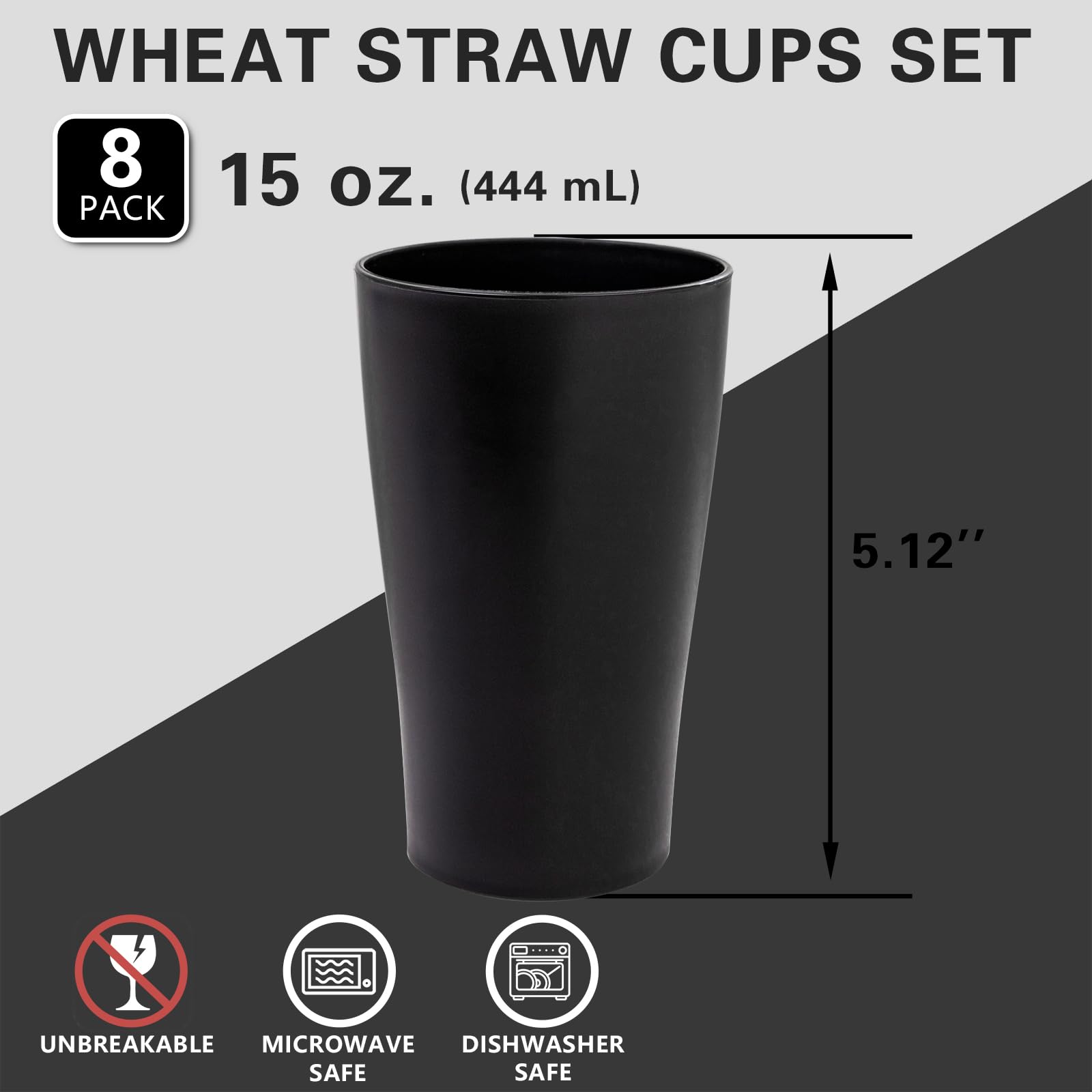 Eco-Friendly Black Wheat Straw Cups Set of 8 - Reusable & Unbreakable Drinking Glasses, BPA-Free Plastic Tumblers for Kitchen, Dishwasher Safe - Perfect for Parties, Picnics, and Everyday Use