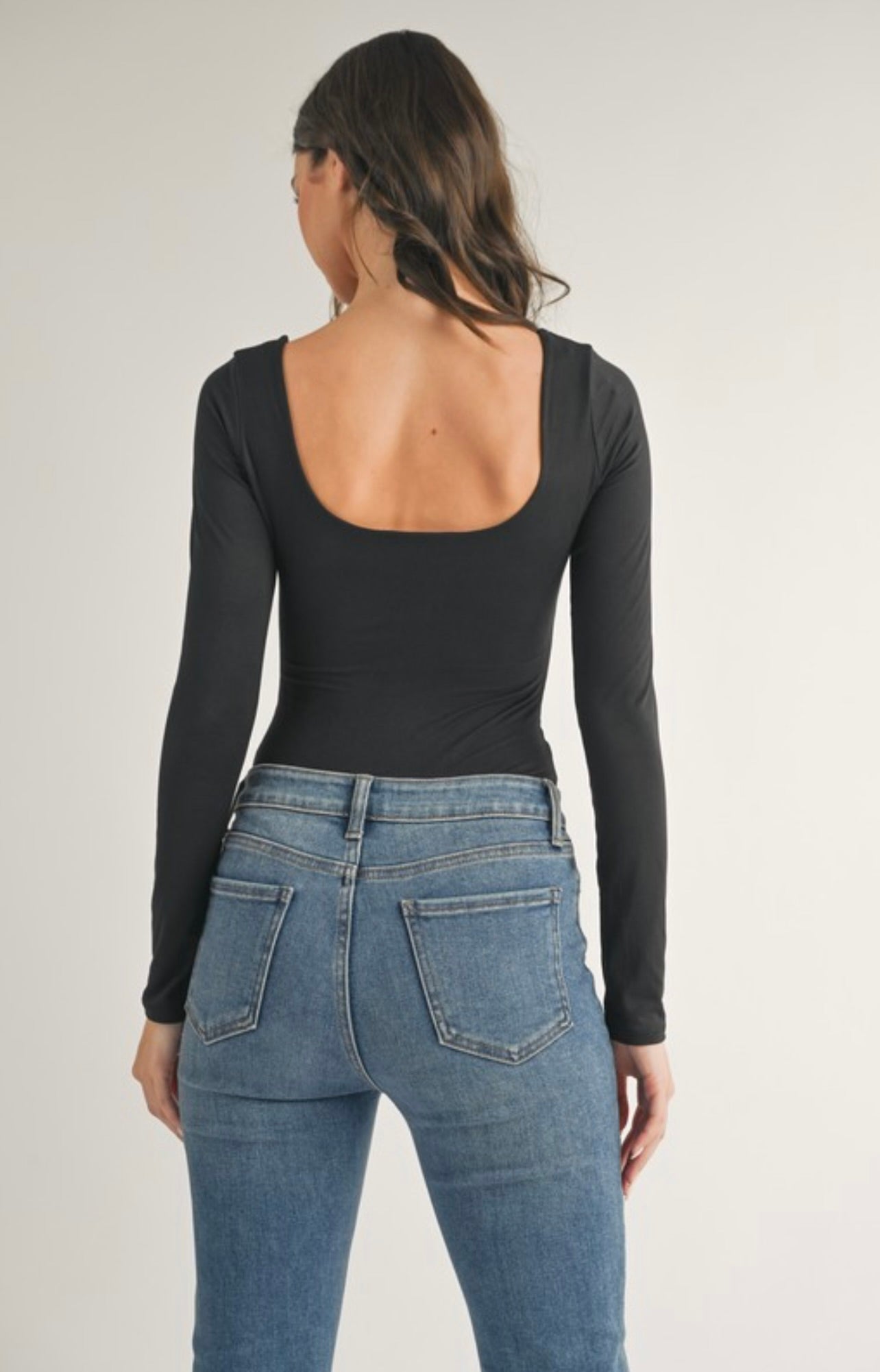 Black Self Double Scoop Neck Long Sleeve Bodysuit for Women - Slim Fit Stretchy Bodycon Jumpsuit for Layering, Night Out, or Casual Wear