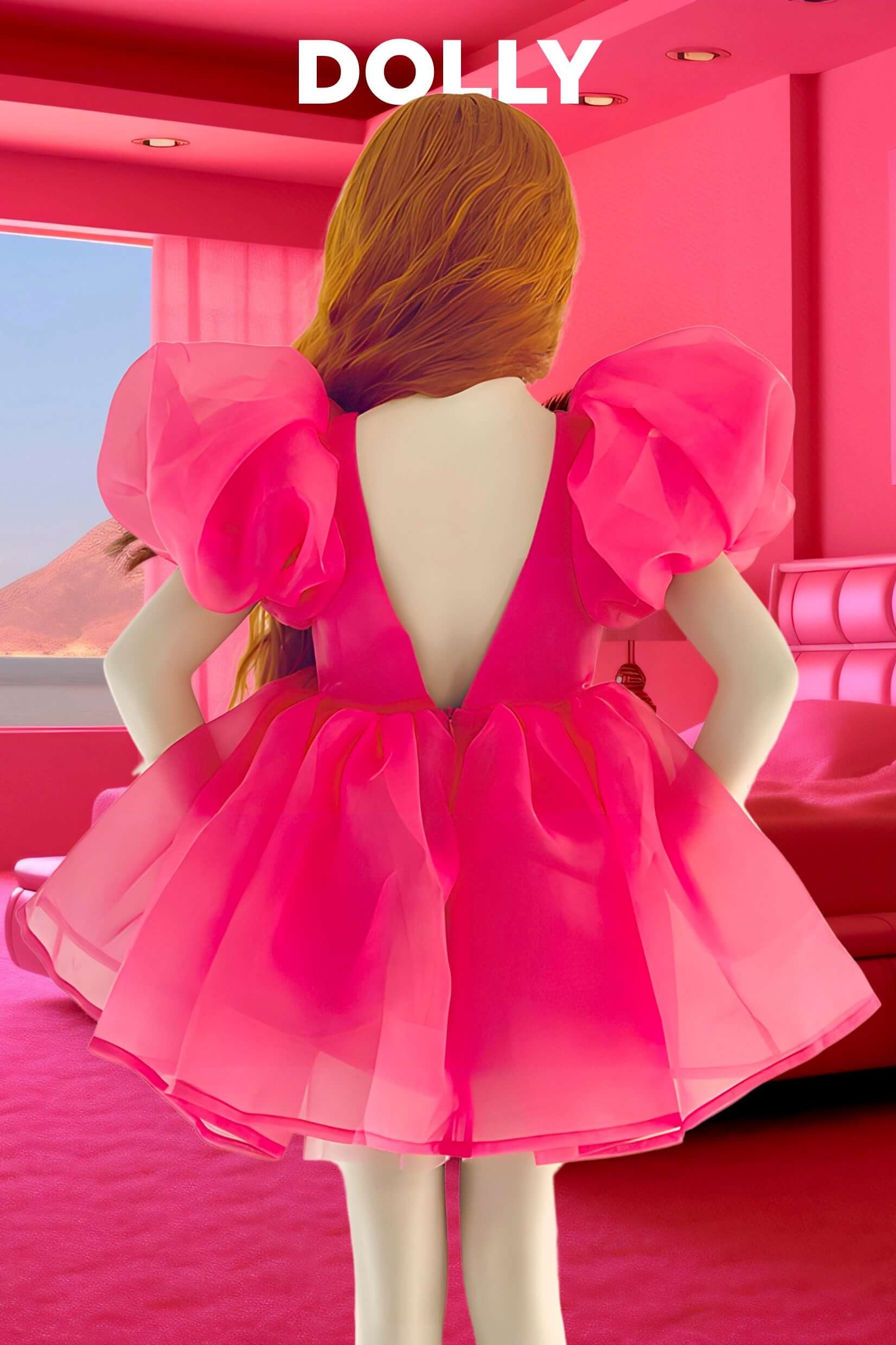 Elegant Hot Pink Satin Organza Puff Sleeve Party Dress for Women - Perfect for Weddings, Proms, and Special Occasions