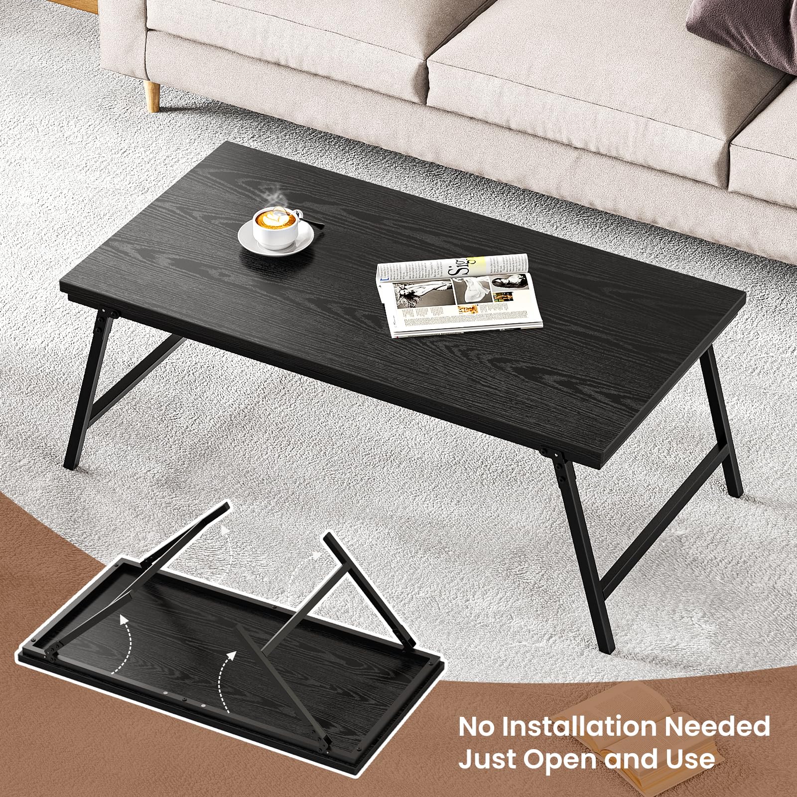 Foldable Coffee Table for Small Spaces - Sturdy Collapsible Portable Coffee Table with Leg Latches, No Assembly Required - Perfect for Living Room, Home, Office (Black, 41.3