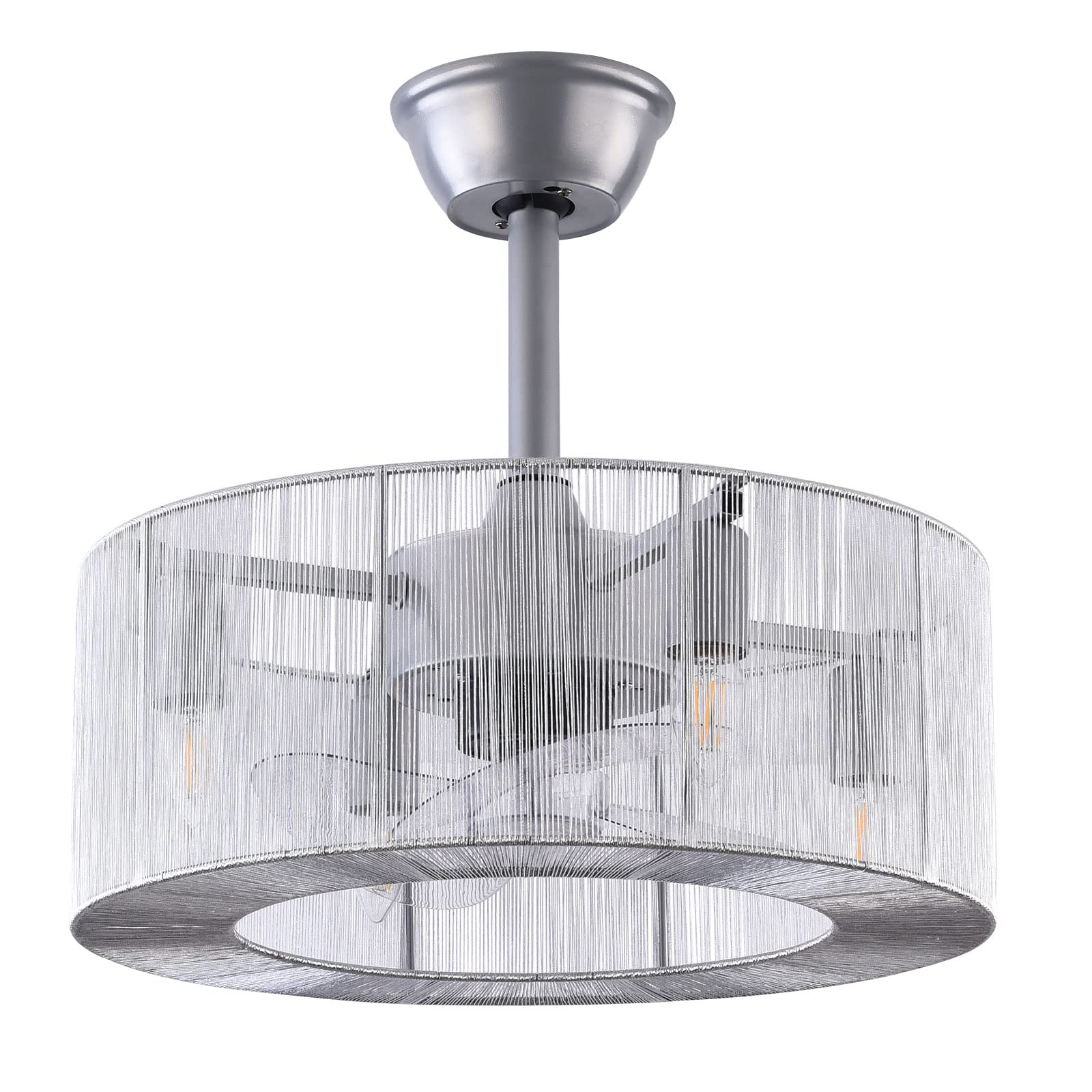 TFCFL 18 Inch Modern Bladeless Ceiling Fan with Remote Control - Low Profile Caged Design, 3 Speed Settings, E26x4 Bulb Base - Perfect for Bedroom, Dining Room & Living Room (Silver) | Energy Efficient Indoor Cooling & Stylish Lighting Solution