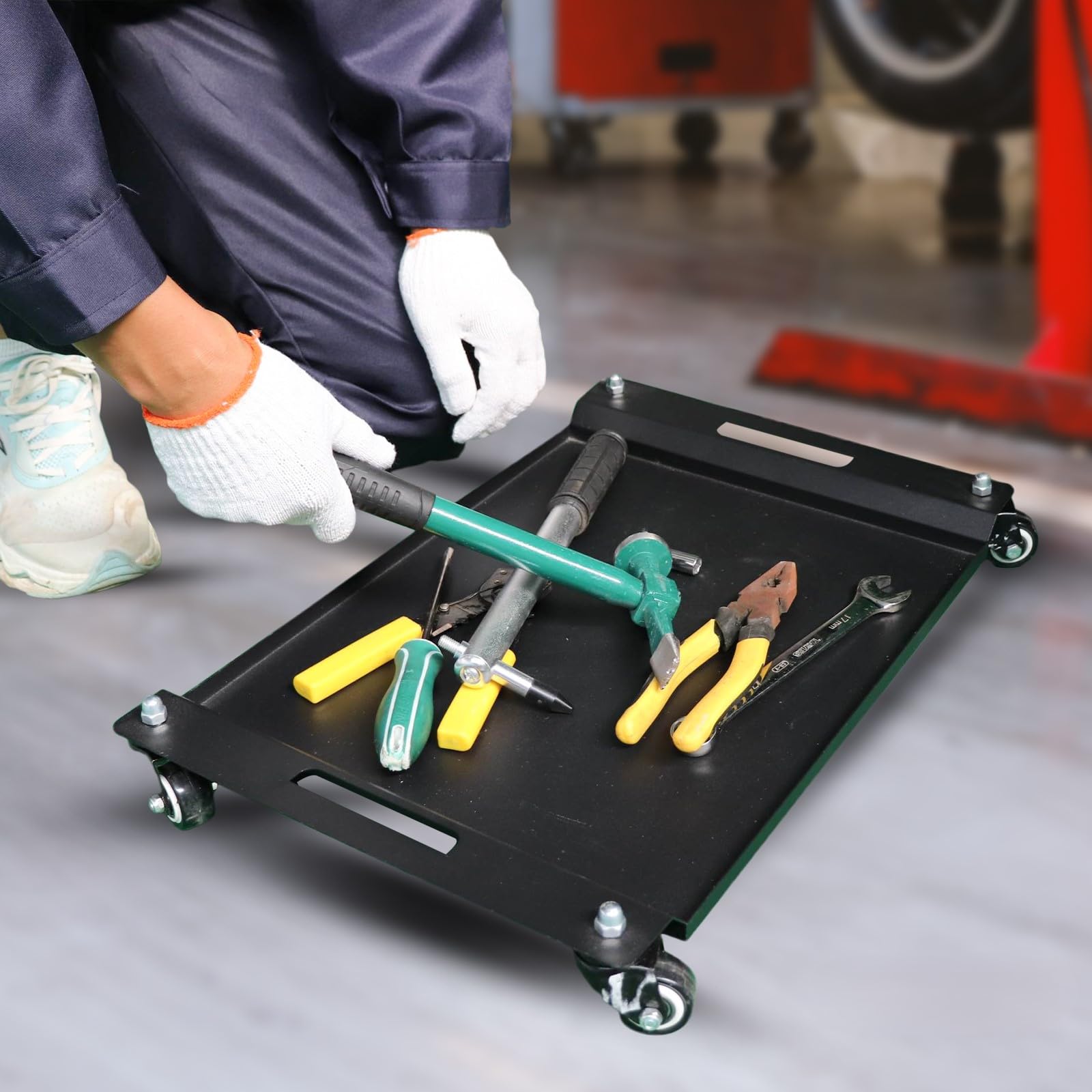 Low Profile Rolling Tool Creeper - Heavy Duty Metal Under Car Tool Caddy with 4 Wheels for Automotive Mechanics, Garage Detailing & DIY Enthusiasts - Perfect for Oil Changes, Brake Repairs and Under Vehicle Maintenance