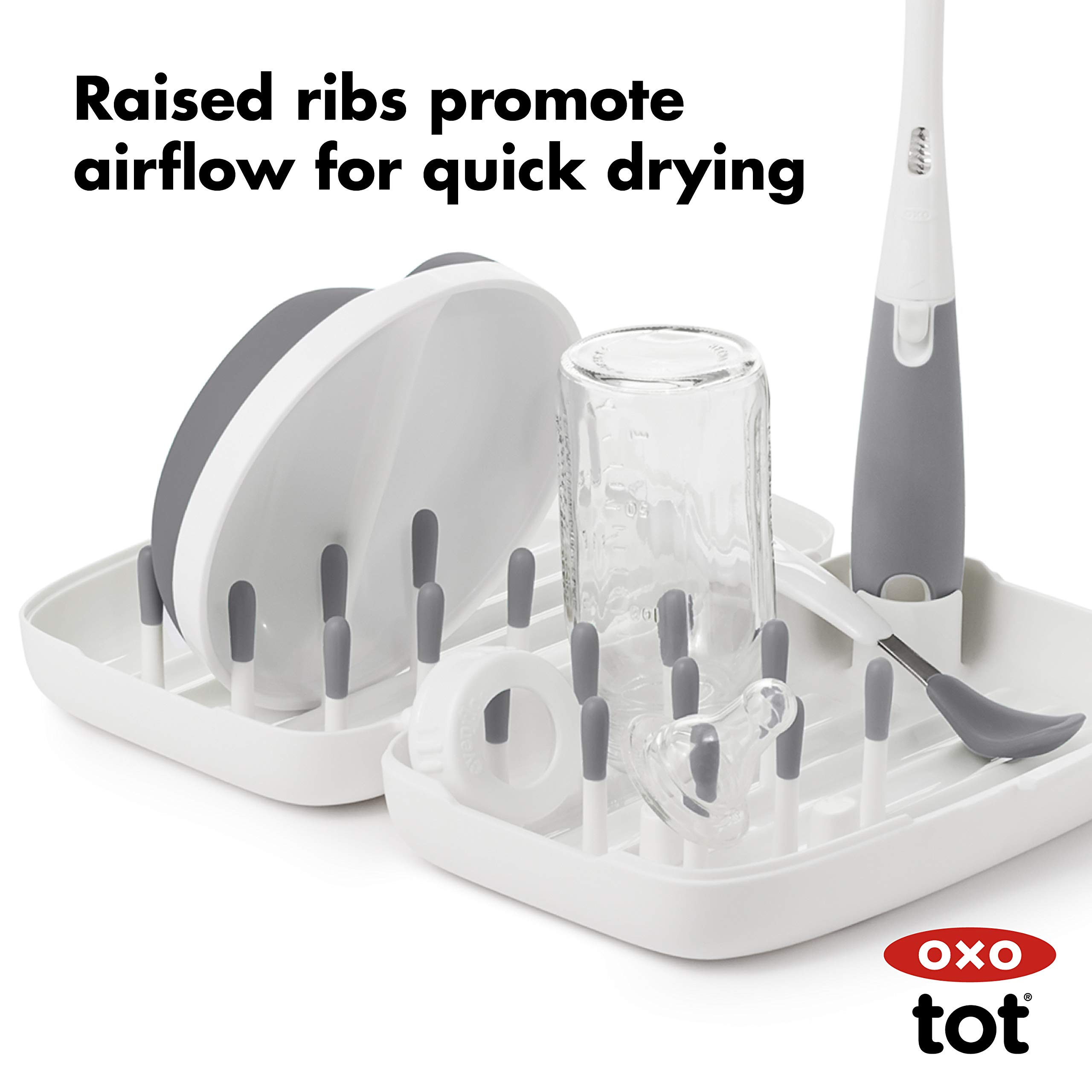 OXO Tot Travel Size Baby Bottle Drying Rack with Cleaning Brush - Compact Gray Drying Stand for Breast Pump Parts & Baby Bottles | Perfect for Travel, Daycare & Home Use