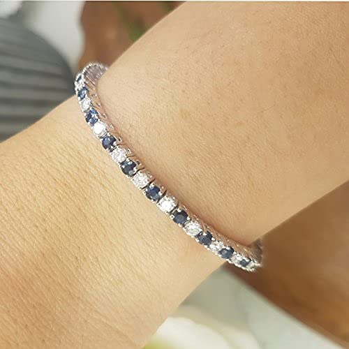 Dazzlingrock Collection 14K Solid White Gold Round Cut Real Blue Sapphire & White Diamond Tennis Bracelet for Women | Elegant Gift for Anniversary, Wedding & Special Occasions