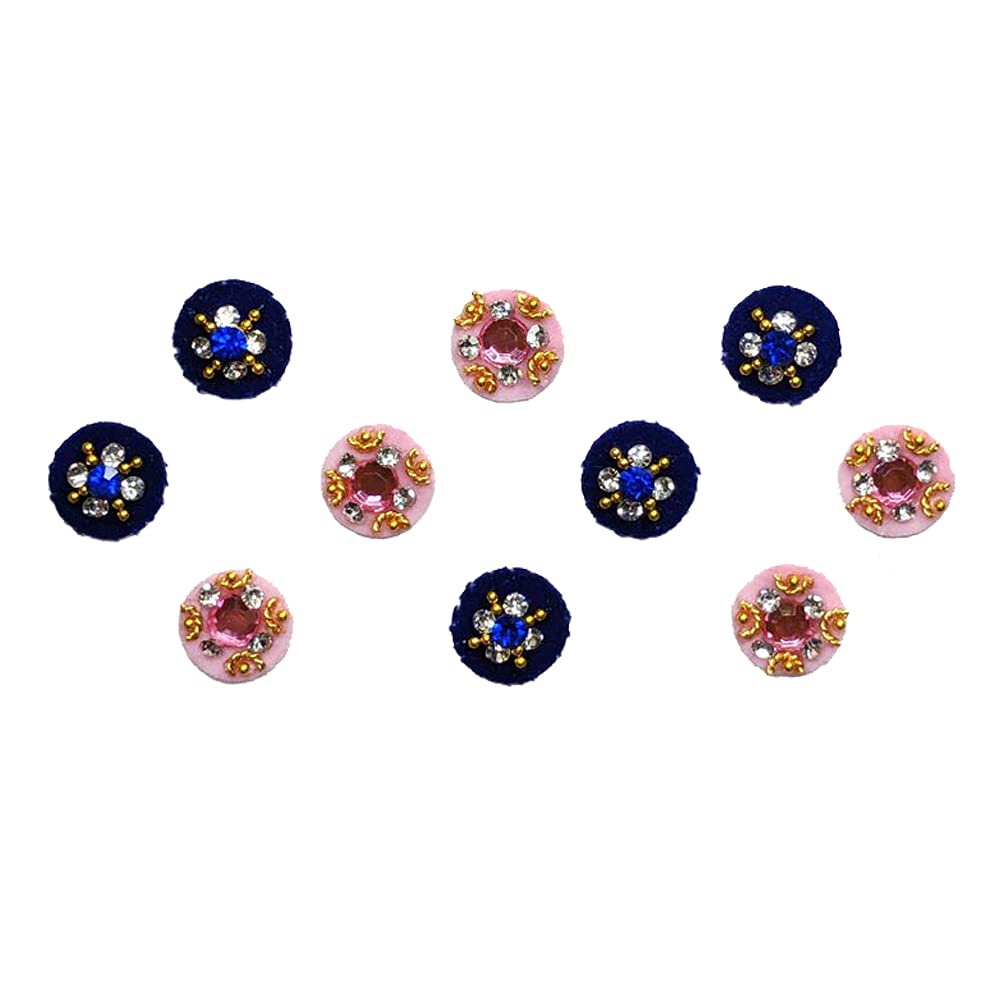 Comet Busters Round Pink & Blue Bindi with Sparkling Stone Crystals (9mm) - BIN371 | Indian Forehead Jewelry for Weddings, Festivals & Cultural Events