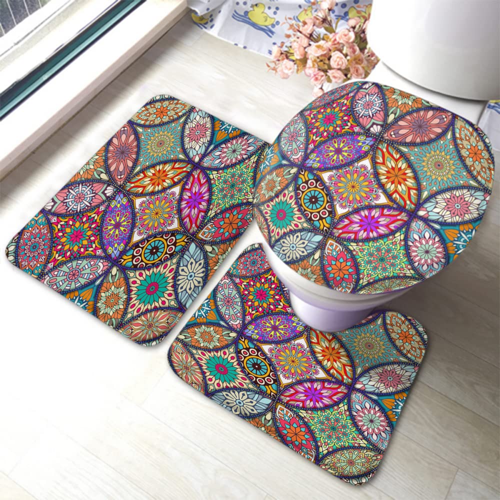 Zaueky Vintage Printing 3-Piece Bathroom Rug Set - Non-Slip Bohemian Arabesque Design with Rubber Backing, U-Shaped Contour Rug & Toilet Lid Cover - Perfect for Boho Chic, Farmhouse & Modern Bathroom Decor