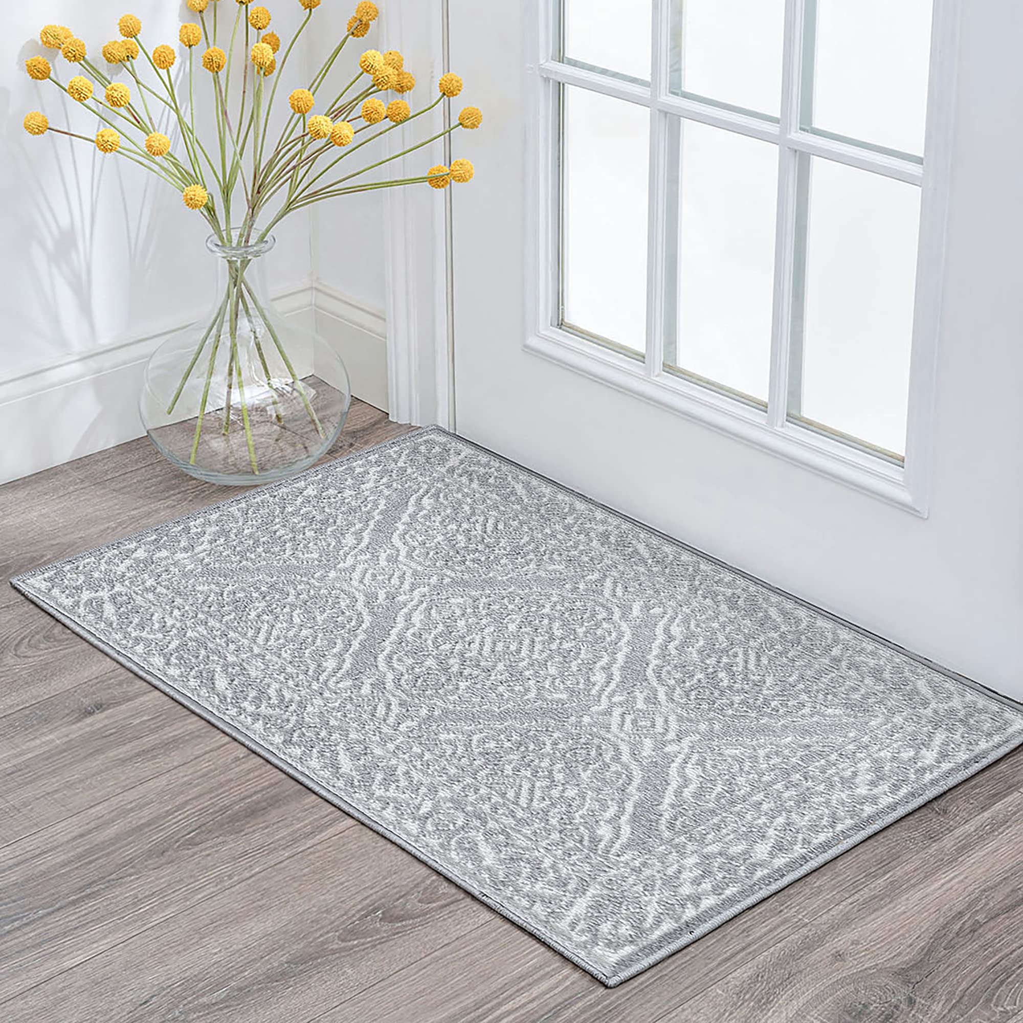Tayse Katie Gray 2x3 Entry Rug - Non-Slip Indoor Front Door Mat - Small Floral Area Rug for Kitchen, Bathroom & Living Room - Washable Low Pile Carpet - Perfect for High Traffic Areas & Home Decor