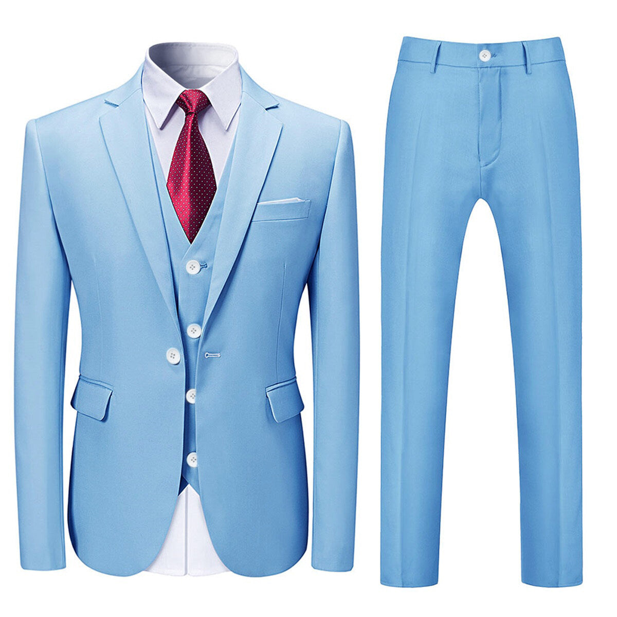 3 Piece Slim Fit Solid Color Sky Blue Men's Formal Suit Set - Perfect for Weddings, Business Meetings & Special Occasions